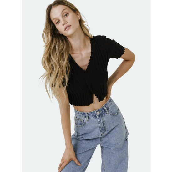 Endless Rose Short Sleeve Ruffled Knit Top Tops Black