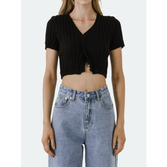 Endless Rose Short Sleeve Ruffled Knit Top Tops Black - Image 2