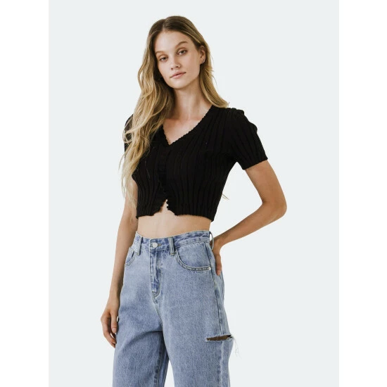 Endless Rose Short Sleeve Ruffled Knit Top Tops Black - Image 3