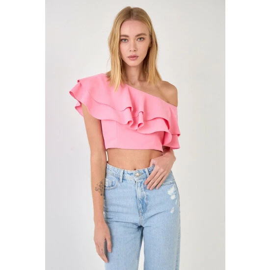 Endless Rose Ruffled One Shoulder Top Tops Pink