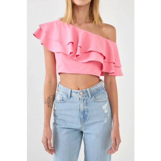 Endless Rose Ruffled One Shoulder Top Tops Pink - Image 2