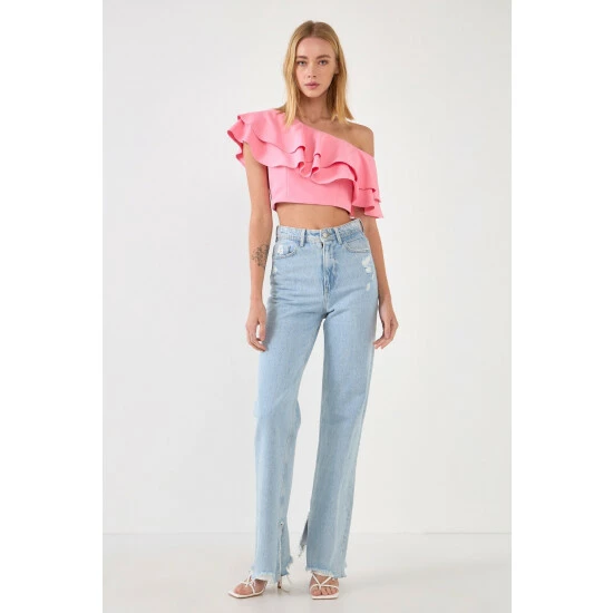 Endless Rose Ruffled One Shoulder Top Tops Pink - Image 3
