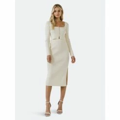 Endless Rose Long Sleeve Knit Cardigan With Square Neckline Sweatshirts & Sweaters Ivory