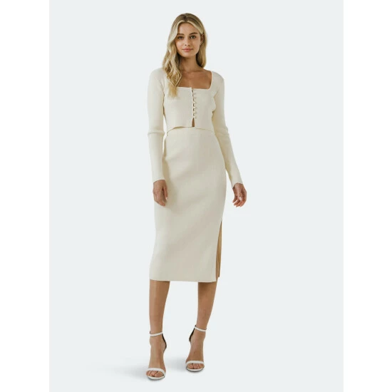 Endless Rose Long Sleeve Knit Cardigan With Square Neckline Sweatshirts & Sweaters Ivory