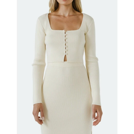 Endless Rose Long Sleeve Knit Cardigan With Square Neckline Sweatshirts & Sweaters Ivory - Image 5