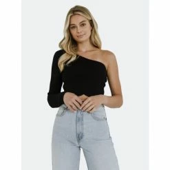 Endless Rose One Shoulder Top With Scalloped Hem Tops Black