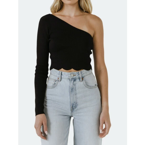 Endless Rose One Shoulder Top With Scalloped Hem Tops Black - Image 3