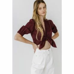 Endless Rose Tied Front Cropped Top Tops Burgundy