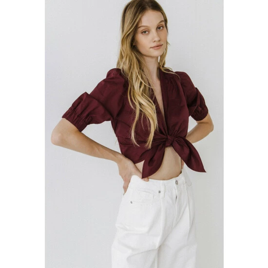 Endless Rose Tied Front Cropped Top Tops Burgundy