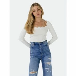 Endless Rose Long Sleeve Scallop Knit Top Tops White