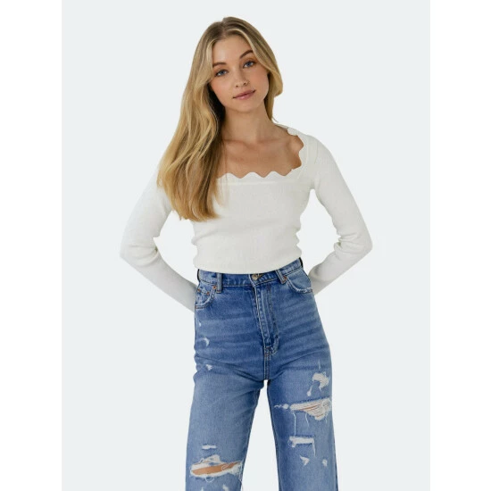 Endless Rose Long Sleeve Scallop Knit Top Tops White