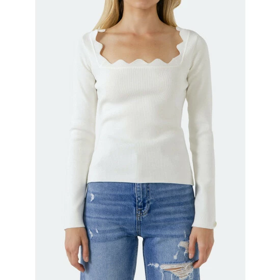 Endless Rose Long Sleeve Scallop Knit Top Tops White - Image 3