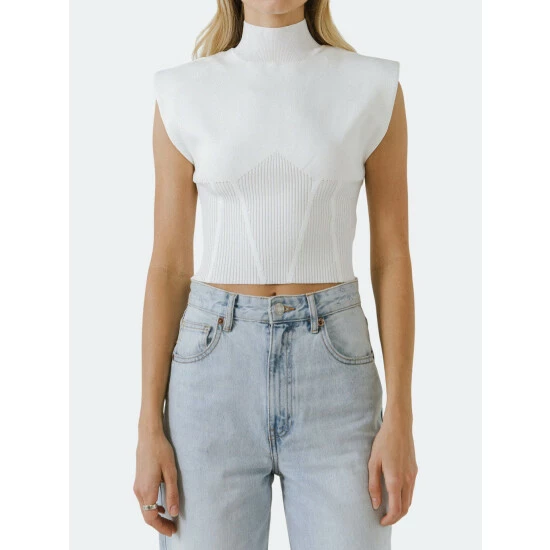 Endless Rose Mock Neck Padded Knit Top Tops White 2 Endless Rose Mock Neck Padded Knit Top Tops White - Image 2