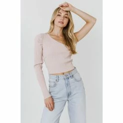 Endless Rose Puff Sleeve One Shoulder Top Tops Dusty Pink