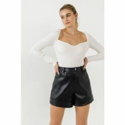 Endless Rose Fitted Long Sleeve Bodysuit Tops Black