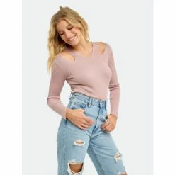 Endless Rose Cut- Out Detail Ribbed Knit Top Tops Mauve