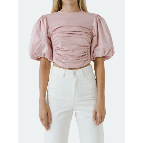 Endless Rose Mixed Media Puff Sleeve Top Tops Black - Image 2