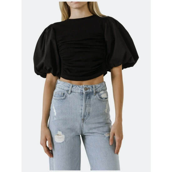Endless Rose Mixed Media Puff Sleeve Top Tops Black - Image 5