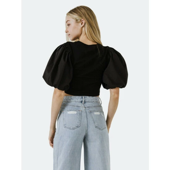 Endless Rose Mixed Media Puff Sleeve Top Tops Black - Image 6