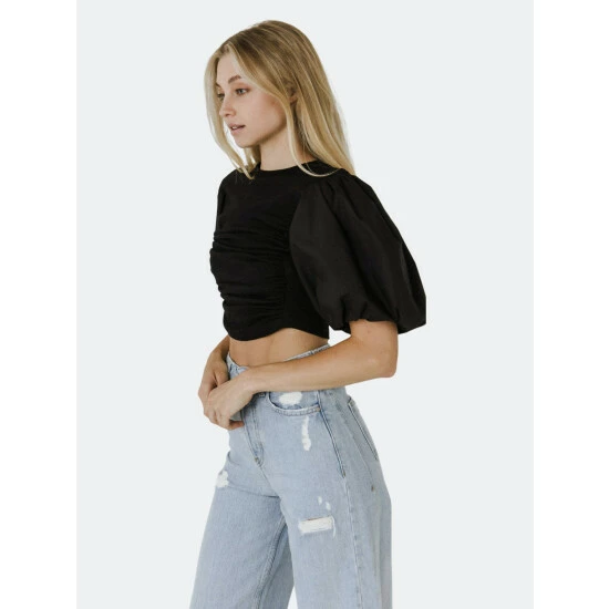 Endless Rose Mixed Media Puff Sleeve Top Tops Black - Image 7