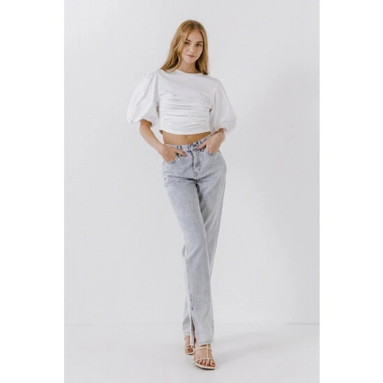 Endless Rose Mixed Media Puff Sleeve Top Tops Black - Image 10