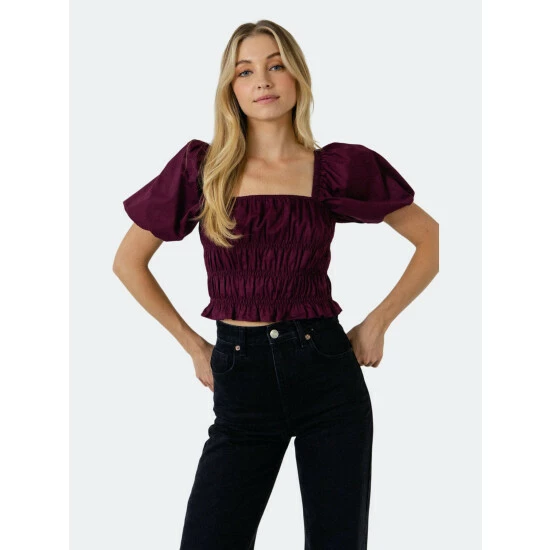 Endless Rose Smocking Detail Puff Sleeve Top Tops Purple
