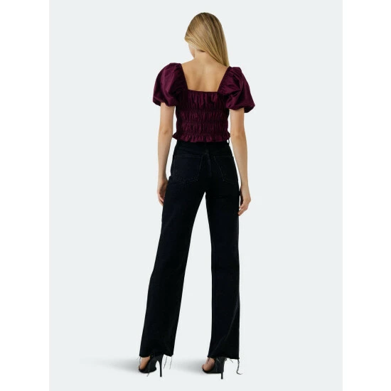 Endless Rose Smocking Detail Puff Sleeve Top Tops Purple - Image 4