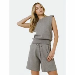 Endless Rose Shoulder Padded Knit Top Tops Heather Grey