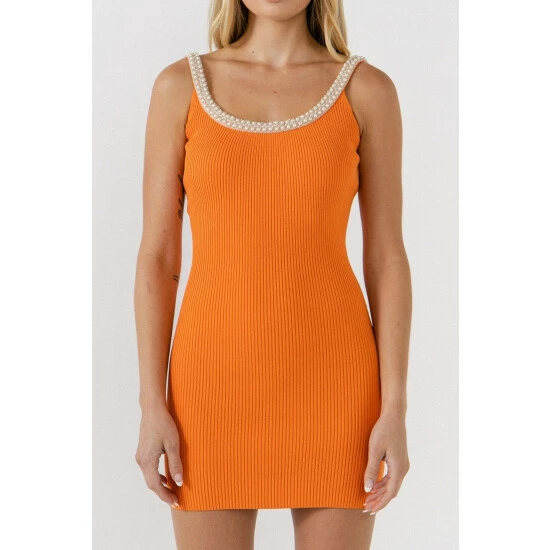 Endless Rose Scooped Trimmed Ribbed Mini Dress Dresses Orange - Image 5