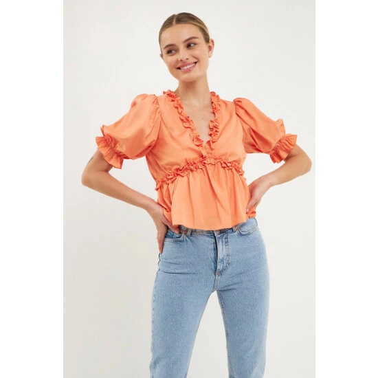 Endless Rose Ruffle Detail Top With Puff Sleeves Tops Tangerine