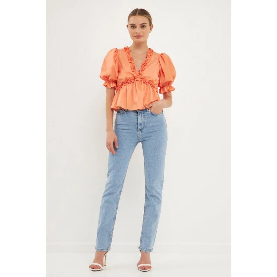 Endless Rose Ruffle Detail Top With Puff Sleeves Tops Tangerine - Image 2