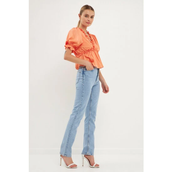 Endless Rose Ruffle Detail Top With Puff Sleeves Tops Tangerine - Image 3