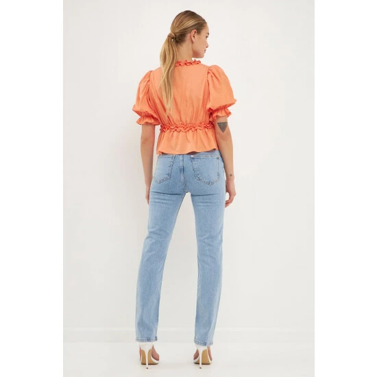 Endless Rose Ruffle Detail Top With Puff Sleeves Tops Tangerine - Image 4
