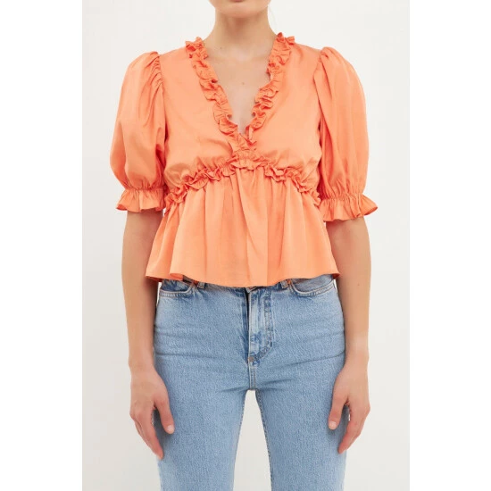 Endless Rose Ruffle Detail Top With Puff Sleeves Tops Tangerine - Image 5