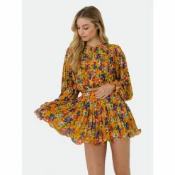 Endless Rose Floral Pleated Blouson Crop Top Tops Yellow