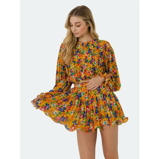 Endless Rose Floral Pleated Blouson Crop Top Tops Yellow