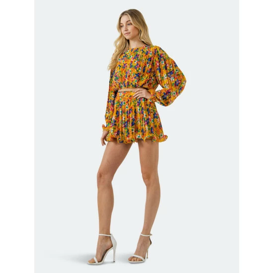 Endless Rose Floral Pleated Blouson Crop Top Tops Yellow - Image 3