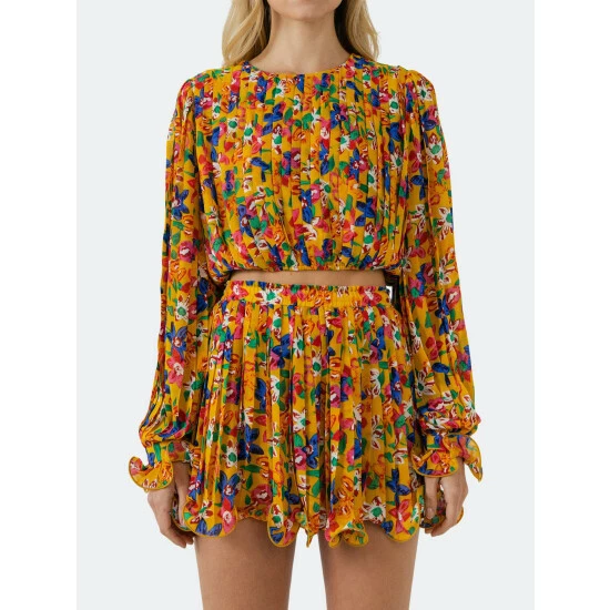 Endless Rose Floral Pleated Blouson Crop Top Tops Yellow - Image 5