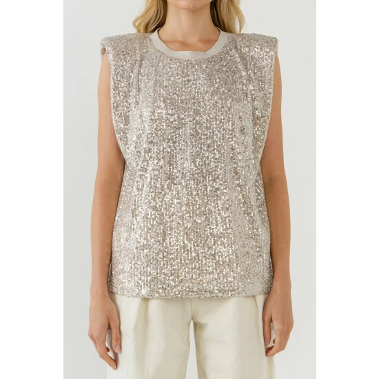 Endless Rose Sequin Shoulder Pad Top Tops Ivory - Image 2