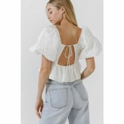 Endless Rose Square Neck Puff Sleeve Jacquard Top Tops White