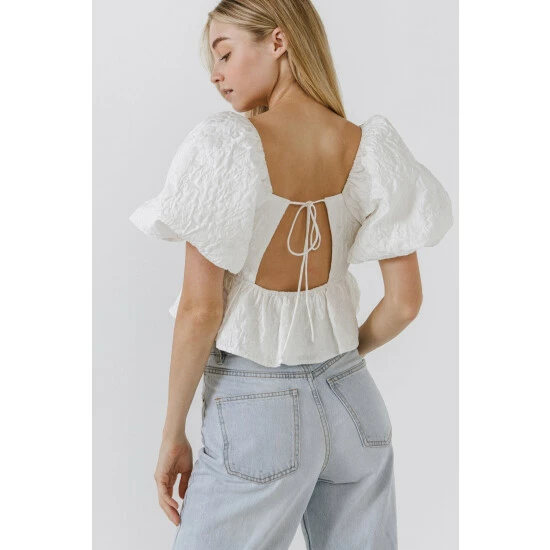 Endless Rose Square Neck Puff Sleeve Jacquard Top Tops White