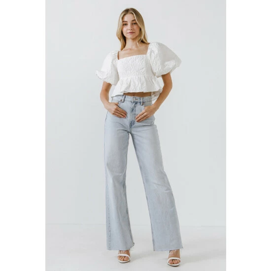 Endless Rose Square Neck Puff Sleeve Jacquard Top Tops White - Image 2