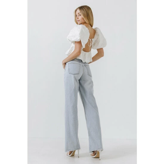 Endless Rose Square Neck Puff Sleeve Jacquard Top Tops White - Image 3