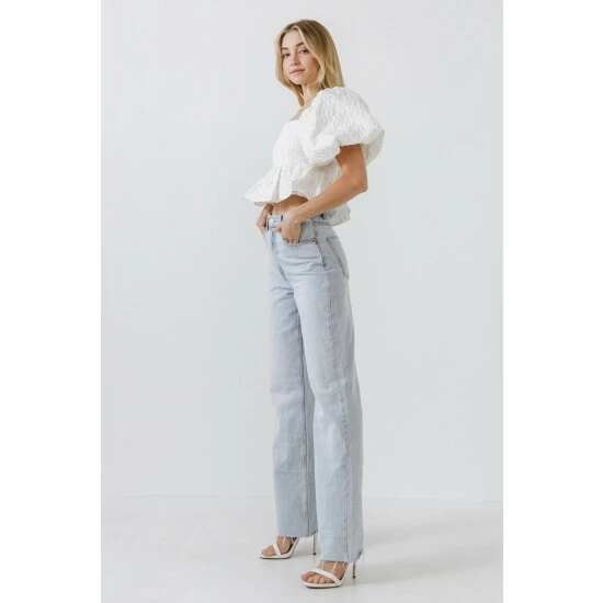 Endless Rose Square Neck Puff Sleeve Jacquard Top Tops White - Image 4