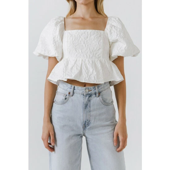 Endless Rose Square Neck Puff Sleeve Jacquard Top Tops White - Image 5