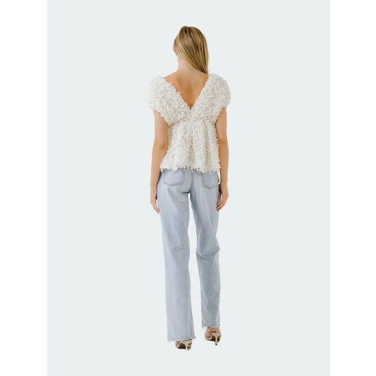Endless Rose Textured Top With Plunging Neckline Tops Cream - Image 4