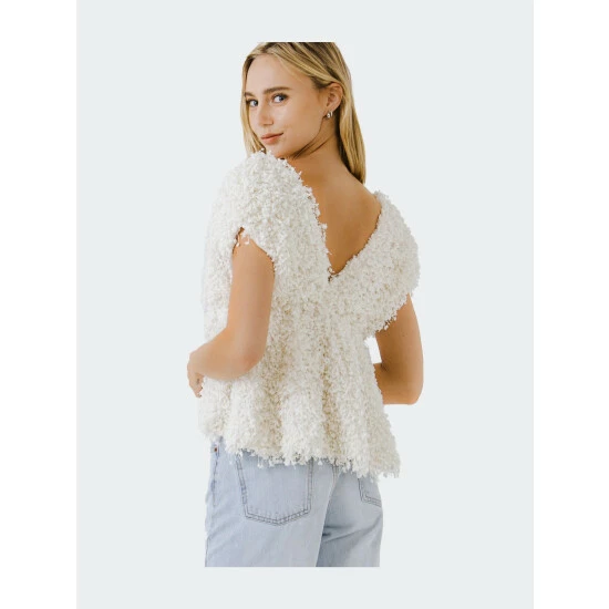 Endless Rose Textured Top With Plunging Neckline Tops Cream - Image 5