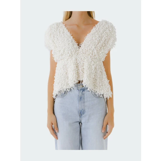 Endless Rose Textured Top With Plunging Neckline Tops Cream - Image 6