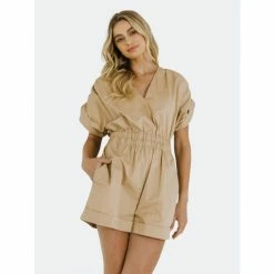 Endless Rose Ruched Shoulder Romper Jumpsuits & Rompers Brown