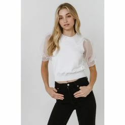 Endless Rose Mixed Media Short Puff Sleeve Top Tops White